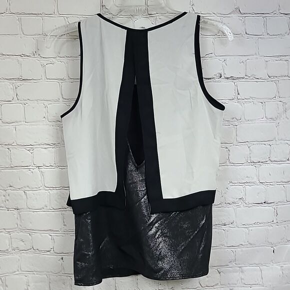 Express Black Cream Silver Color Block Metallic Open Back Sleeveless Work Blouse - Picture 8 of 11